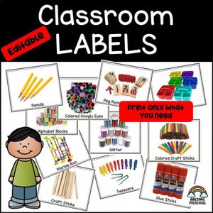May include: A set of printable classroom labels featuring illustrations of school supplies including pencils, googly eyes, alphabet blocks, glitter, craft sticks, marble runs, tweezers, and glue sticks, with the text Classroom Labels and Editable.