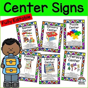 Pode incluir: Um conjunto de placas educativas para sala de aula intituladas Center Signs, com uma criança em desenho animado com mochila e cinco cartazes para centros de jogos, sensorial, quebra-cabeça, pintura, biblioteca e alfabetização, com bordas coloridas.
