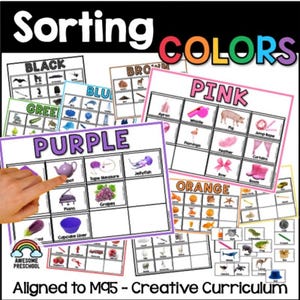 Pode incluir: Um conjunto de cartões educativos de classificação com o texto Sorting Colors. Cada cartão exibe um título de cor específico como Rosa, Roxo, Laranja, Verde, Azul, Castanho e Preto, com uma grade de imagens representando objetos.