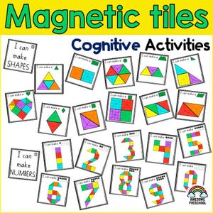 May include: A collection of educational cards featuring magnetic tiles designs. The cards display various geometric shapes and numbers from one to nine, each labeled with the text I can make. The header reads Magnetic tiles Cognitive Activities.