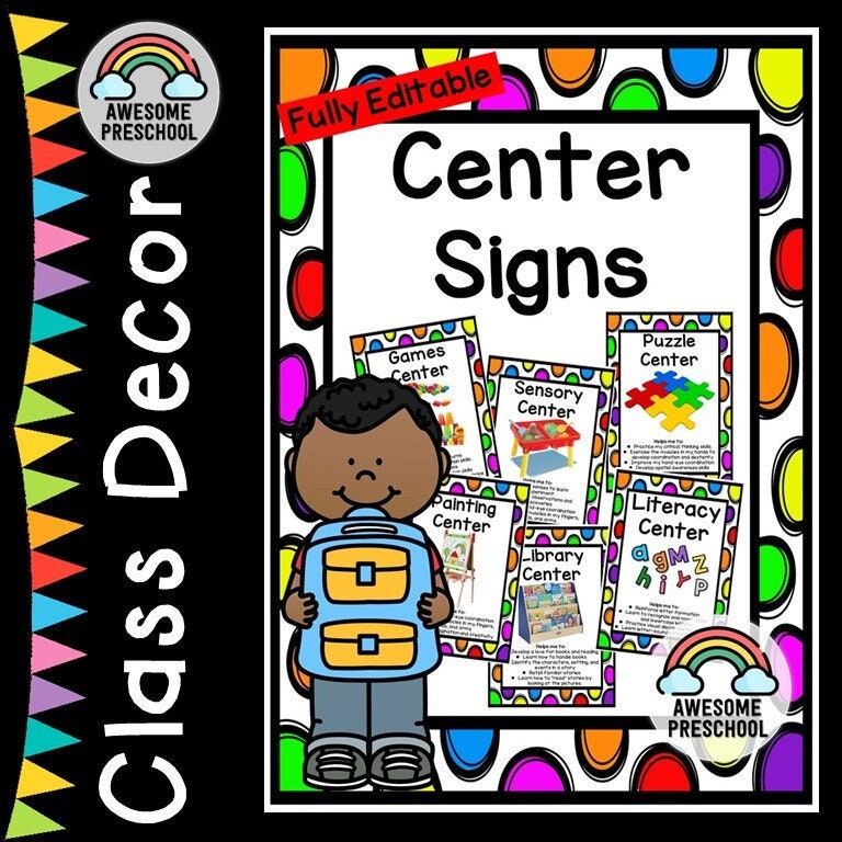 Preschool Classroom Center Signs- Back to School fully editable