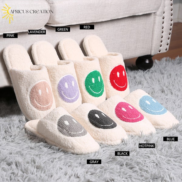 Apricus·New! 8 Colors! Happy Face Embroidered Solid Slippers·Luxury Soft Slippers·Cozy Slippers·Slippers for Women·ComfyLuxe