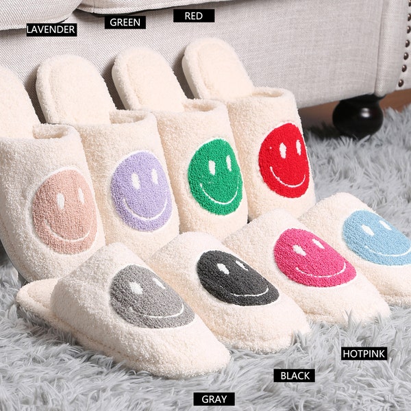 Apricus·New! 8 Colors! Happy Face Embroidered Solid Slippers·Luxury Soft Slippers·Cozy Slippers·Slippers for Women·ComfyLuxe