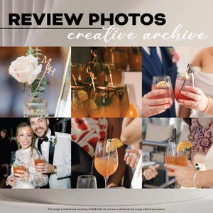 May include: A collage of six photographs showcasing custom acrylic drink stirrers with monogrammed initials in various settings. The stirrers are placed in cocktails and floral arrangements, featuring letters like M&H, C&L, K&J, and C&S in clear, black, and gold finishes.