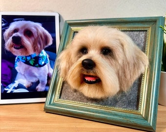 May include: A needle felted dog portrait in a teal frame. The dog has a light brown coat and is looking directly at the viewer. The portrait is on a wooden surface.
