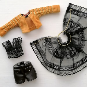 Ensemble arc-en-ciel pour poupée, haut 4 pièces en dentelle noire, short en cuir, jupe, veste en velours