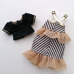 RH Outfit - Stripe Corset dress with straps, black gold riveted t-shirt - Complete Look - Clothes for Rainbow High - Fashion Set