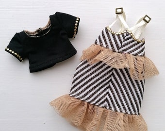 RH Outfit - Streifen Korsett Kleid mit Trägern, schwarz gold genietet T-Shirt - Kompletter Look - Kleidung für Rainbow High - Fashion Set