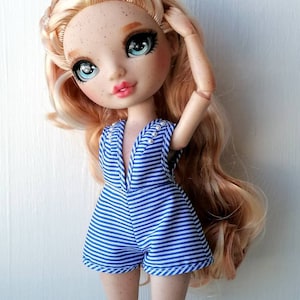 Rainbow High Romper Outfit - Blue and white striped intricate jumpsuit with pearl details - 11 Inch Doll Fashion for RH and SH dolls