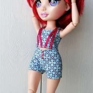 RH Two Piece Set - Blue Geometric Pattern Fitted Top and Shorts - Outfit for Rainbow High - Doll clothes for similar Petite Curvy body type