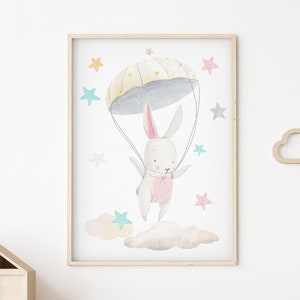 Bunny poster, decorative posters, stars background, animlas print, kids decor, wall decor, cute bunny, decor, kids room, animal decoration