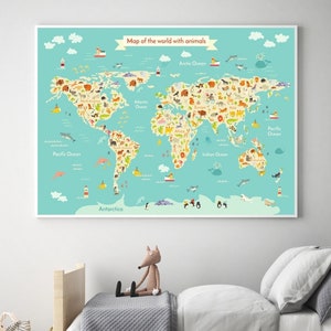Weltkarte Poster, Poster für Kinder, Dekoration, Wandtattoo, Kinderdeko, Poster für Kinderzimmer, bunte Poster, Tiere, Kontinente