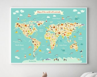 World Map Poster, Posters for kids, Decoration, Wall decal, Children decor, Posters for kids room, Colorful posters, Animals, Continents