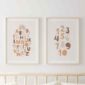 Due poster lettere e numeri, arredamento della camera dei bambini, lettere di apprendimento, boho, arcobaleno, numeri di apprendimento, conteggio, alfabeto, colori boho, P95