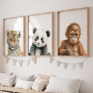 Set de carteles trípticos, animales de safari, tigre, panda, mono, decoración de habitaciones para niños, carteles boho, carteles para niños, decoración boho, animales lindos, P108