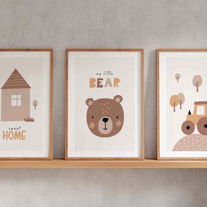 Tríptico Poster Set, dulce hogar, oso, tractor, decoración de la habitación de los niños, carteles boho, tonos beige y marrón, casa, carteles para niños, decoración boho, P90