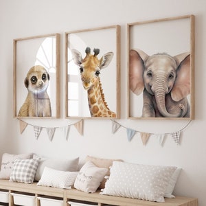 Set de carteles trípticos, animales de safari, jirafa, elefante, suricata, decoración de habitaciones para niños, carteles boho, carteles para niños, decoración boho, animales lindos, P109