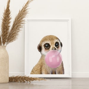 Poster Suricato con gomma da masticare, animali felici del safari, stile boho, arredamento della camera dei bambini, immagini carine, poster decorativi boho, decorazioni murali, P112