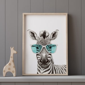 Poster Zebra con occhiali, collezione safari, animali divertenti, arredamento per la camera dei bambini, decorazione boho, decorazione della parete per la camera dei bambini, immagini carine, P339