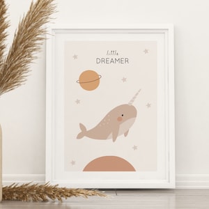 Póster Ballena Unicornio, decoración habitación infantil, estilo boho, suerte, decoración para habitación infantil, póster de pared, decoración infantil, habitación boho, dreamers, P31