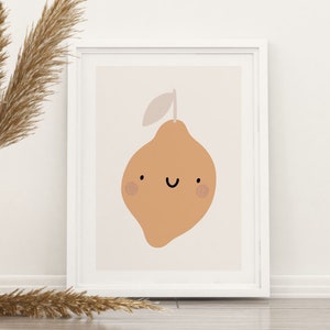 Póster Limón, decoración para la habitación de los niños, fruta feliz, limón sonriente, póster lindo, colores boho, niños felices, sonrisa de niños, habitación acogedora, decoración linda, P55