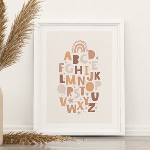 Póster Alfabeto con arco iris, letras de aprendizaje, colores boho, decoración de la habitación de los niños, arco iris boho, niños felices, aprender alfabeto, letras nuevas, P77