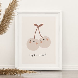Póster Cerezas, súper dulce, decoración de la habitación de los niños, frutas lindas, frutas felices, frutas boho decorativas, decoración linda, habitación boho, niños felices, P82