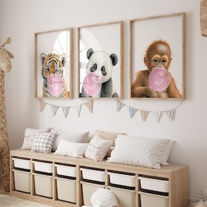 Set di poster trittico, animali safari con gomma da masticare, tigre, scimmia, panda, arredamento per la camera dei bambini, poster boho, poster per bambini, arredamento boho, P123