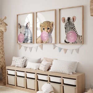 Set de carteles trípticos, animales de safari con chicle, rinoceronte, guepardo, cebra, decoración de habitaciones para niños, carteles boho, carteles, decoración boho, P125