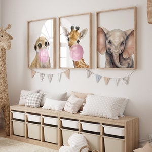 Set de carteles trípticos, animales de safari con chicle, jirafa, elefante, suricata, decoración de habitaciones para niños, carteles boho, carteles, decoración boho, P124
