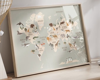 World Map Poster , Posters for kids, Decoration, Wall decal, Children decor, Posters for kids room, Colorful posters, Animals, Continents M1