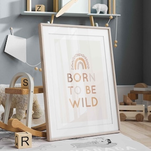 Motivación del cartel, nacido para ser salvaje, niños felices, arco iris boho, colores neutros, cartel de la habitación de los niños, cuadros decorativos, habitación de los niños boho, P54