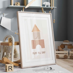 Poster Block Castle, jugar todo el día, decoración para la habitación de los niños, póster de la habitación de los niños, decoración divertida, habitación de los niños, niños felices, habitación de estilo boho, P32