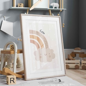 Poster Boho Rainbow met Cloud, boho regenboog, boho decor, neutrale kleuren poster, kinderkamer decor, wand decor, happy cloud, mooie posters, P19