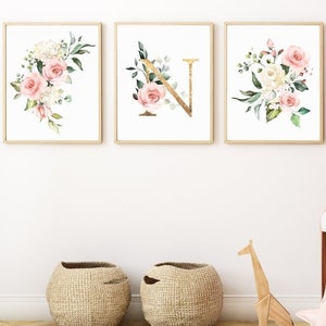 Tríptico Flores y cualquier carta, carteles de conjunto, carteles de flores, póster infantil, cartas decorativas, todas las cartas decorativas, pared de flores,