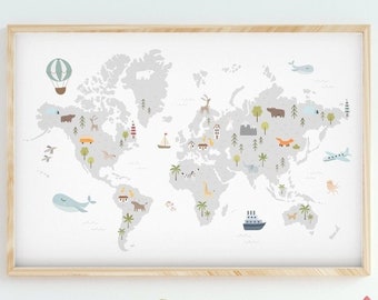 World Map Poster, posters for kids, Decor, Wall decal,  white background map, Posters for kids room, big world, map, word Animals, M2