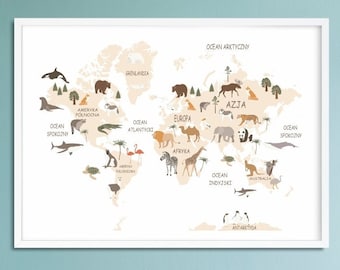 World Map Poster White Background M1, Posters for kids, Decoration, Wall decal, Children decor, Colorful posters, Animals, Continents