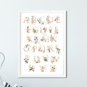 Cartel Alfabeto en Flores 2, letras decorativas, decoración de flores, decoración del alfabeto, impresión de flores, decoración para niños, decoración colorida, carta