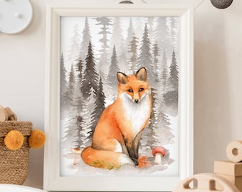 Poster fox in the glade, fox decor, forest fox, sit fox, fox room, kids poster, animals, forest animals, glade animals