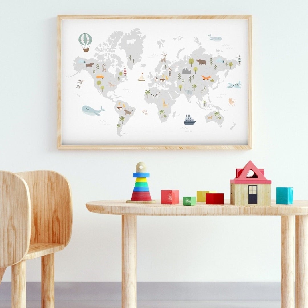 World Map Poster, Posters for Kids, Decor, Wall Decal, White Background