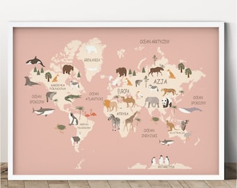 Poster World Map Pink M1, Posters for kids, Decoration, Wall decal, Children decor, Kids room, Colorful posters, Animals, Continents