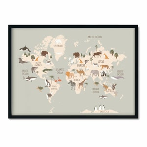 May include: A colorful world map with animals from each continent. The map is on a light gray background with black borders. The continents are outlined in brown. The animals are illustrated in a cartoon style. The map includes the names of the continents and oceans.