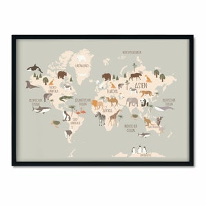 May include: A colorful world map with animal illustrations representing each continent. The map is on a light gray background with black borders. The map includes the names of the continents and oceans in German.