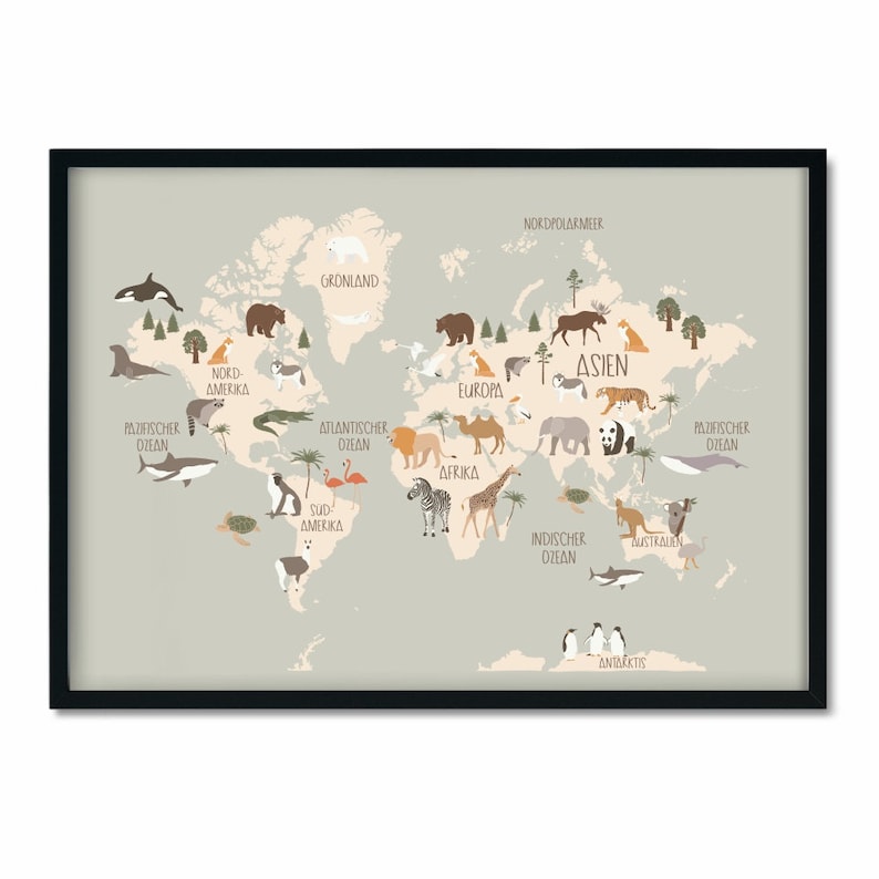 May include: A colorful world map with animal illustrations representing each continent. The map is on a light gray background with black borders. The map includes the names of the continents and oceans in German.