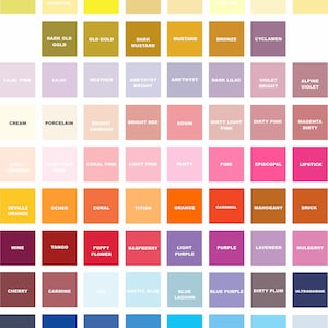 May include: A color palette chart with 144 color swatches, each with a name. The colors are arranged in rows and columns, and the names are printed in white text on each swatch.