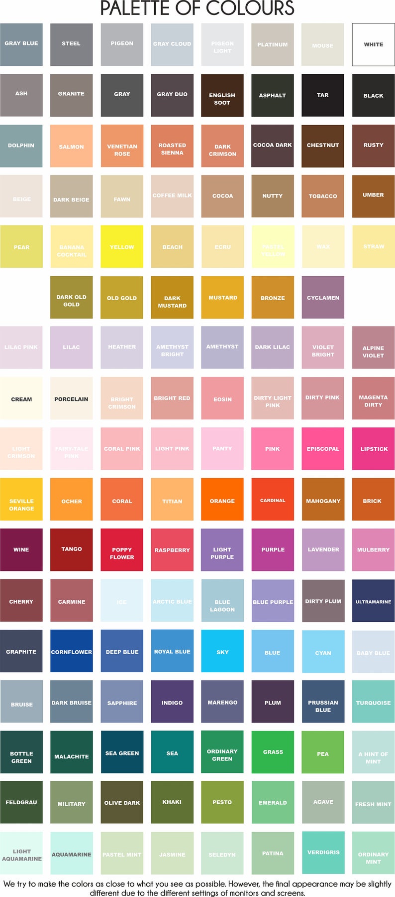 May include: A color palette chart with 144 color swatches, each with a name. The colors are arranged in rows and columns, and the names are printed in white text on each swatch.