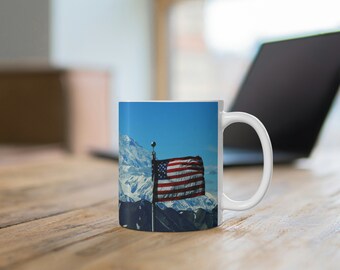 Patriotic American Flag and Beautiful Mountain Ceramic Coffee Cups, 11oz