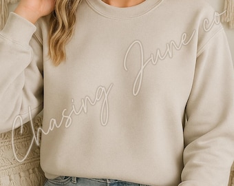 Gildan 18000 Sand Crewneck Sweatshirt Mockup | Blank G180 Pullover | Cozy Lifestyle Photo | Heavy Blend Unisex Sweatshirt
