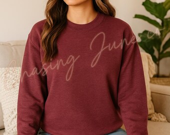 Gildan 18000 Maroon Crewneck Sweatshirt Mockup | Blank G180 Pullover | Cozy Lifestyle Photo | Heavy Blend Unisex Sweatshirt
