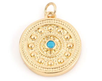 18K Gold Round Medallion Micro Pave Blue Cubic Zirconia